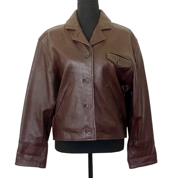 VINTAGE Blueline & Company Size Medium Women's Brown Hammered Leather Jacket 90s - Picture 1 of 16